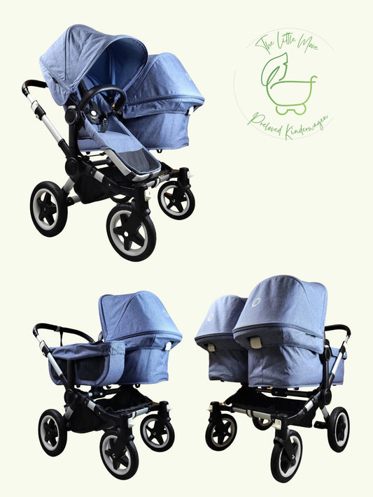 Bugaboo - Donkey Zwillingskinderwagen Geschwisterwagen (2 Sitze / 2 Babywanne) Inkl. Seitliche Gepäcktasche - Blau