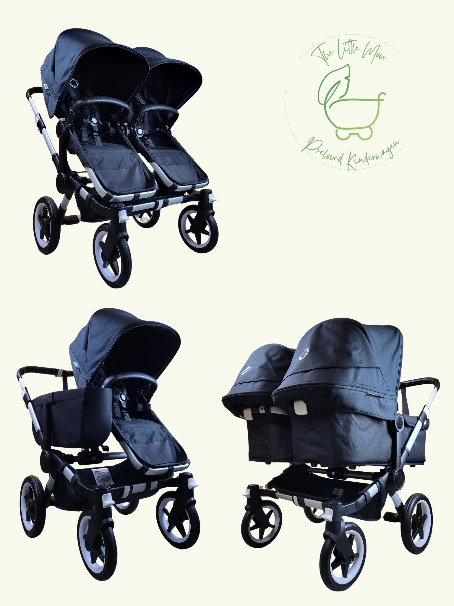 Bugaboo - Donkey 3 Twin Geschwisterwagen (2xsportsitze / 2xbabywanne) Inkl. Seitliche Gepäcktasche - Black in Gutem