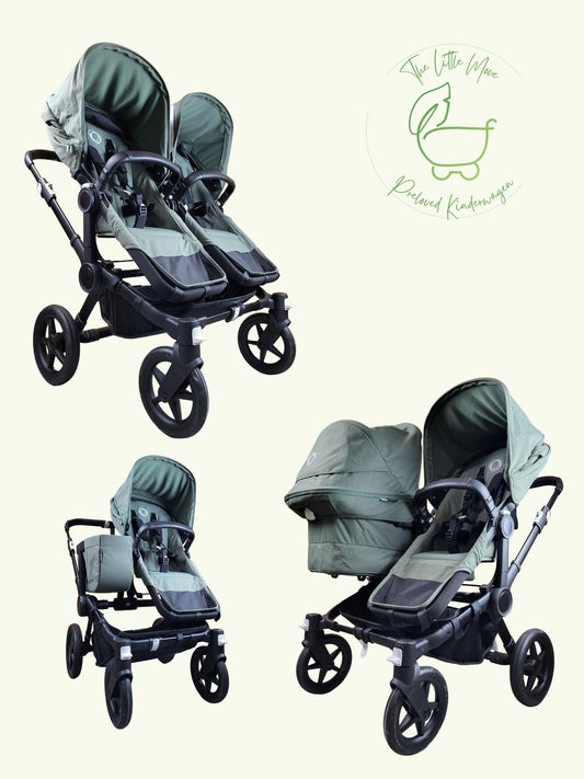 Bugaboo - Donkey 5 Geschwisterwagen (2xSportsitze / 1xBabywanne) inkl. seitliche Gepäcktasche - Forest Green in sehr gutem Zustand